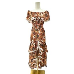 Western Boho Lace High-Low Ruffled Maxi Dress Medium Brown Gold Floral Prairie